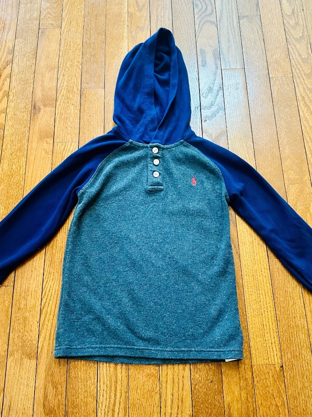 Boys Polo Ralph Lauren Hooded Henley – Gray & Navy Long Sleeve Shirt – Size 7